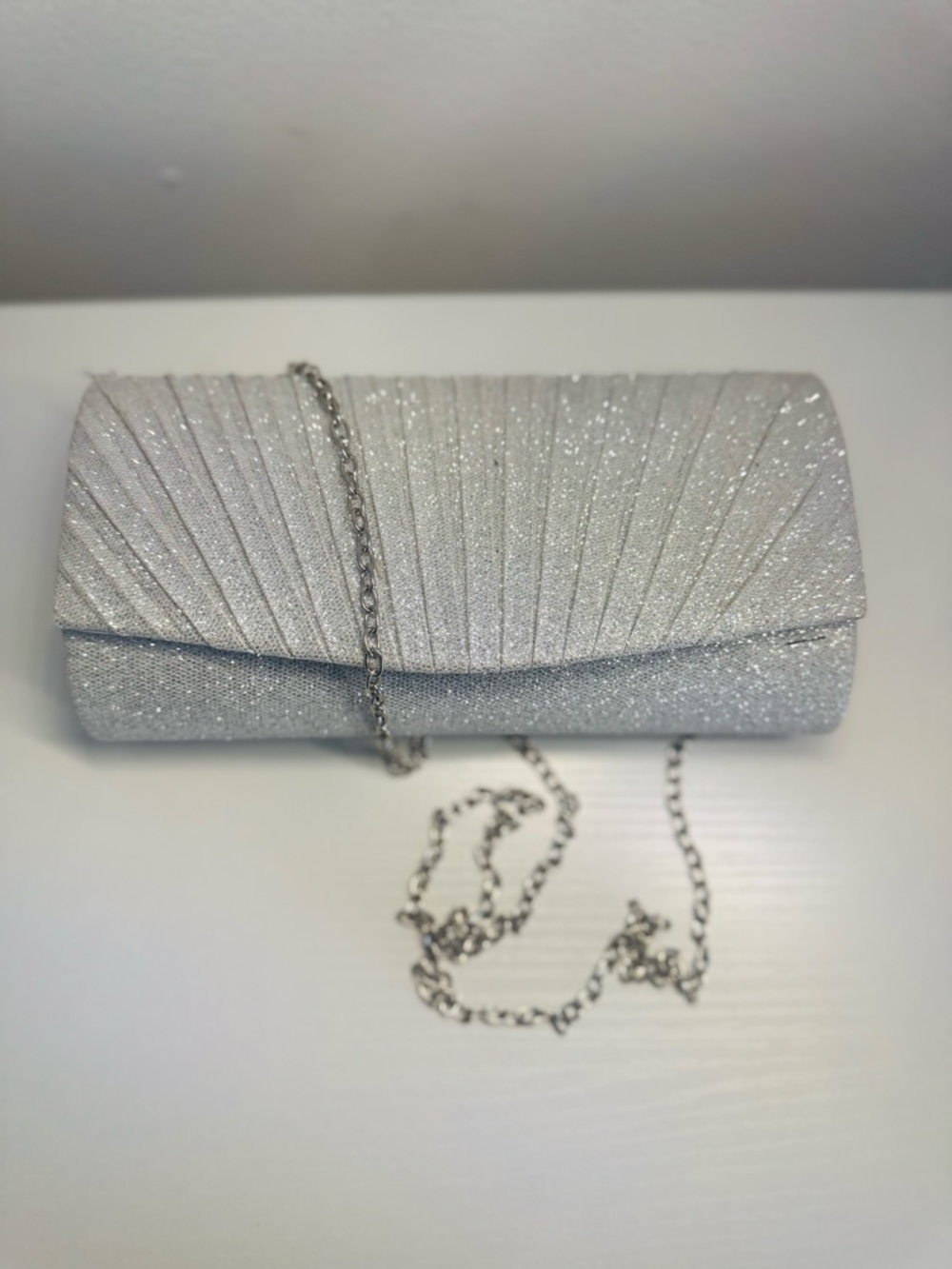 Silver Glitter Pleated Evening Clutch with Chain Strap